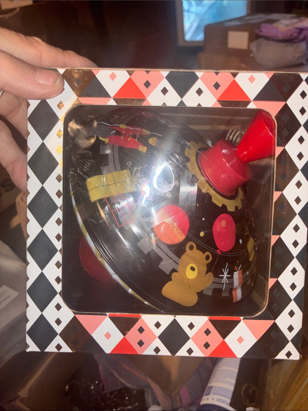 Kids Red and Black Spinning Top Toy with Bear Design